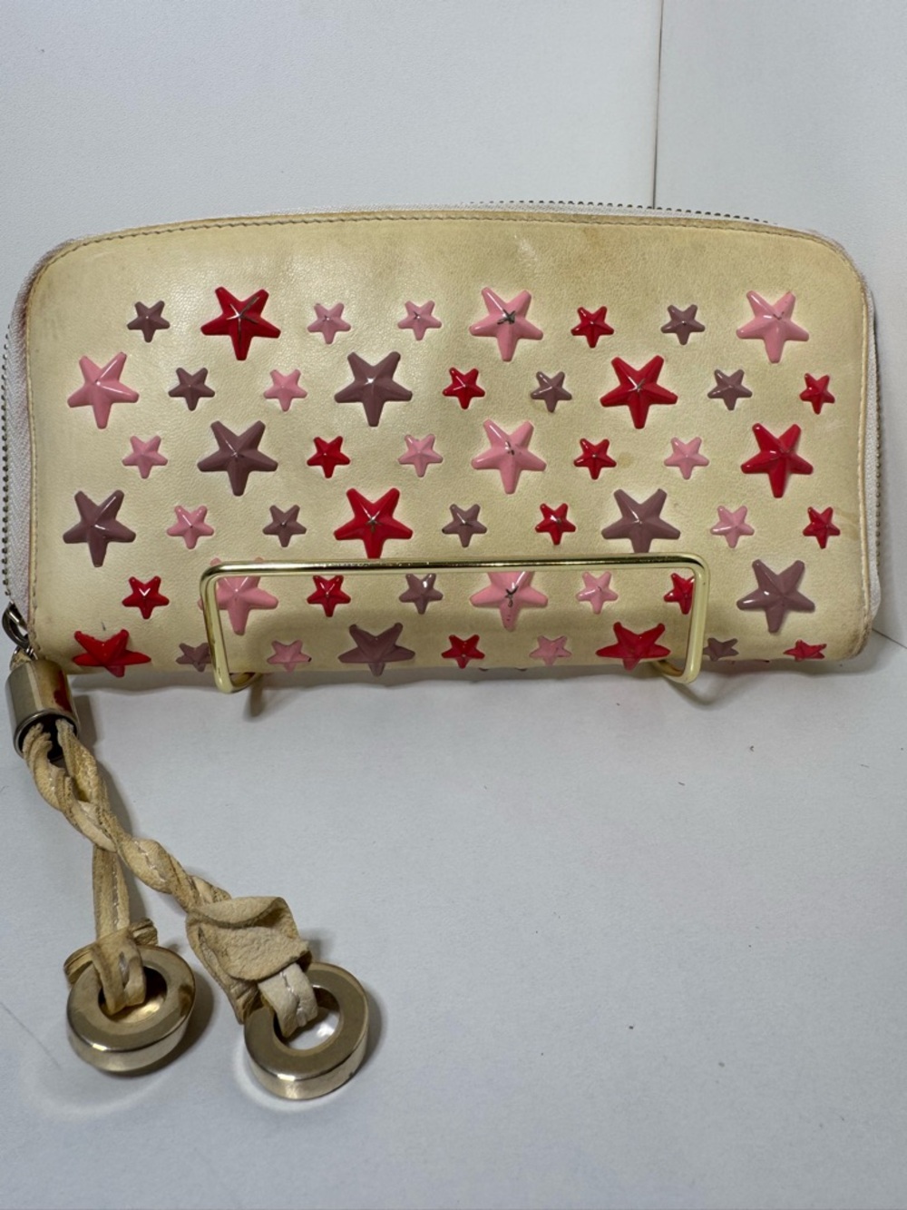 Jimmy Choo Beige Star-Studded Leather Wallet - Pink & Red Stars